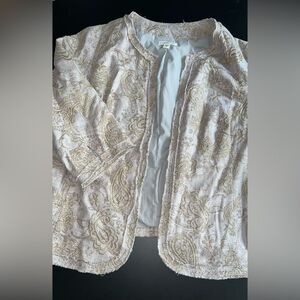 Coldwater Creek Gray& Cream Paisley Embellished Linen blend jacket 3/4 Sleeve 22